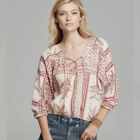 Free People Red and Off White Boho Blouse - Picture 8 of 10